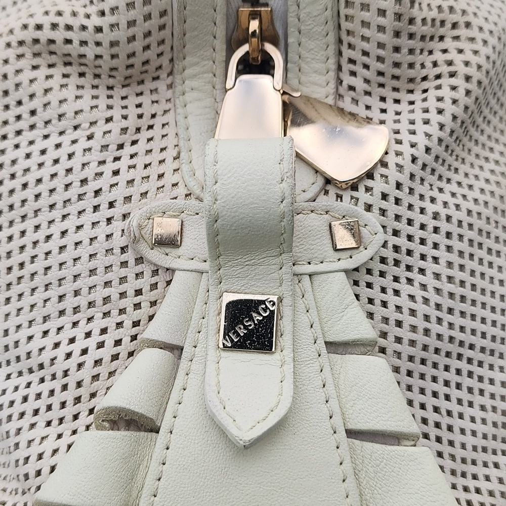 Versace Perforated Beige and Gold Leather Dome Shaped Satchel - Picture 6 of 14